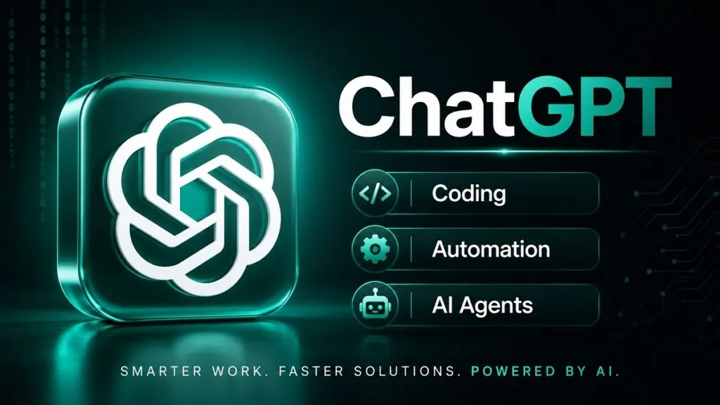 A polished infographic showing ChatGPT logo and overlay text: Coding, automation, and AI agents