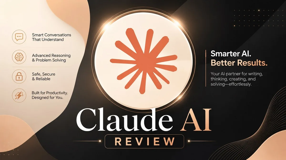 Claude AI review featured image with the Claude logo centered on a premium dark background and the text "Claude AI Review" in a modern, professional design.