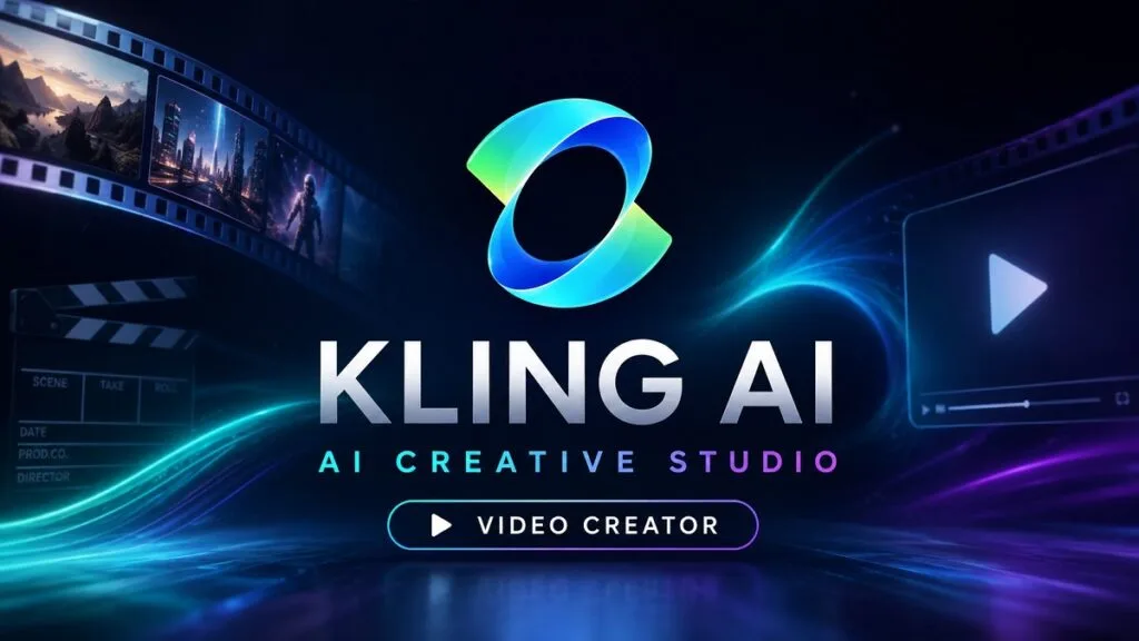 Premium 16:9 featured image with the Kling AI logo centered on a dark futuristic background, glowing blue and purple light trails, filmstrip graphics, a video play icon, and overlay text reading “Kling AI,” “AI Creative Studio,” and “Video Creator.”