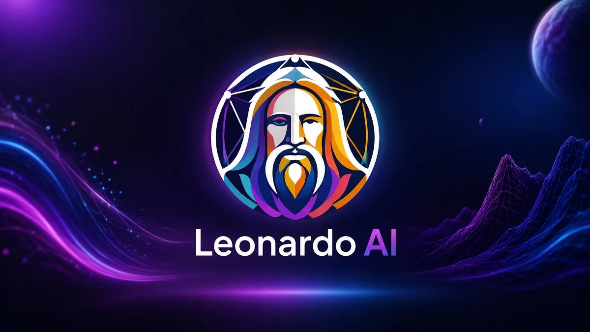 Leonardo AI logo centered on a futuristic 16:9 background representing the Leonardo AI image generation platform.