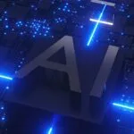 Ai text with glowing blue circuits and lights