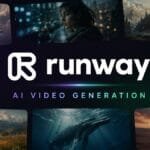 Runway AI logo centered on a premium dark background with the text "Runway" and "AI Video Generation," surrounded by cinematic AI-generated video scenes illustrating creative video production.