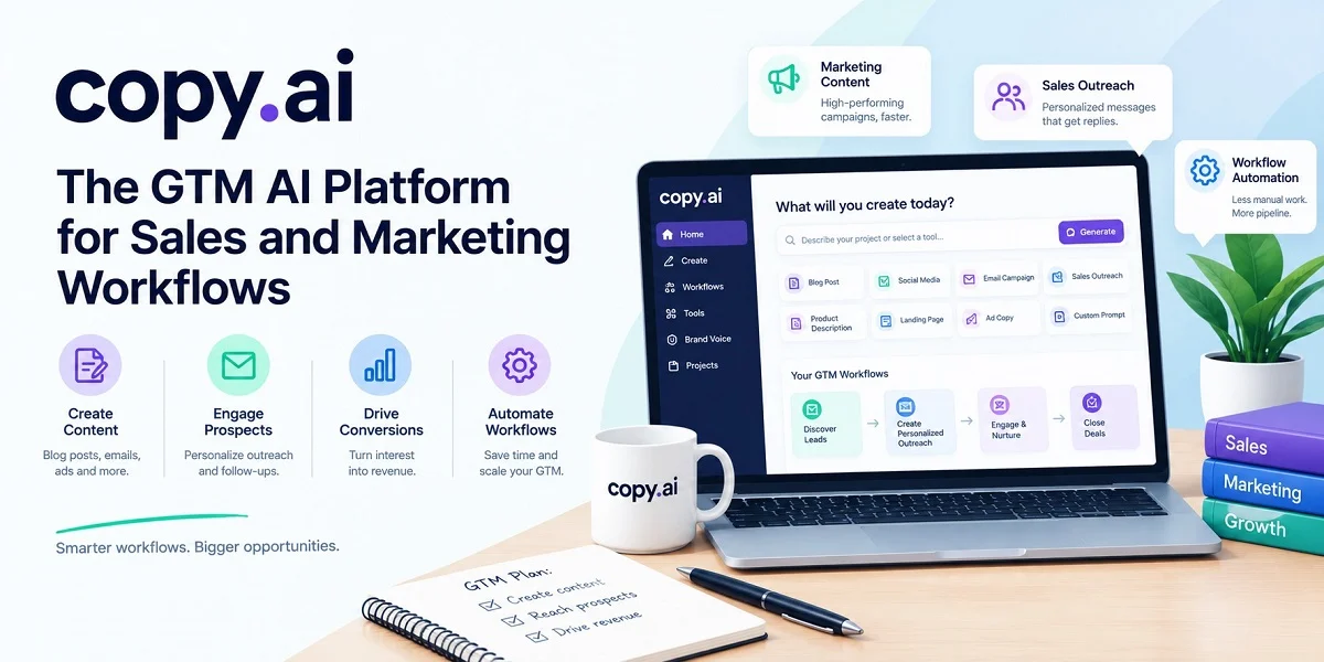 Copy.ai featured image showcasing its GTM AI platform for sales and marketing workflows, including content creation, sales outreach, lead engagement, and workflow automation.