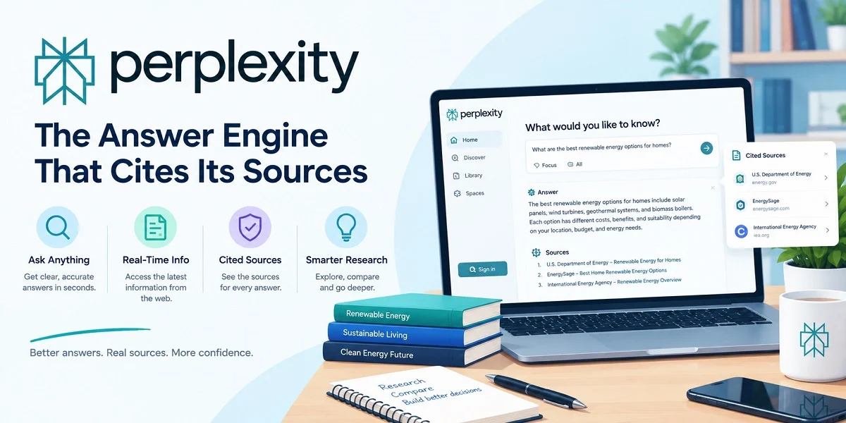 Perplexity AI featured image showcasing its answer engine, web search capabilities, AI-generated answers, and cited sources for research and information discovery.