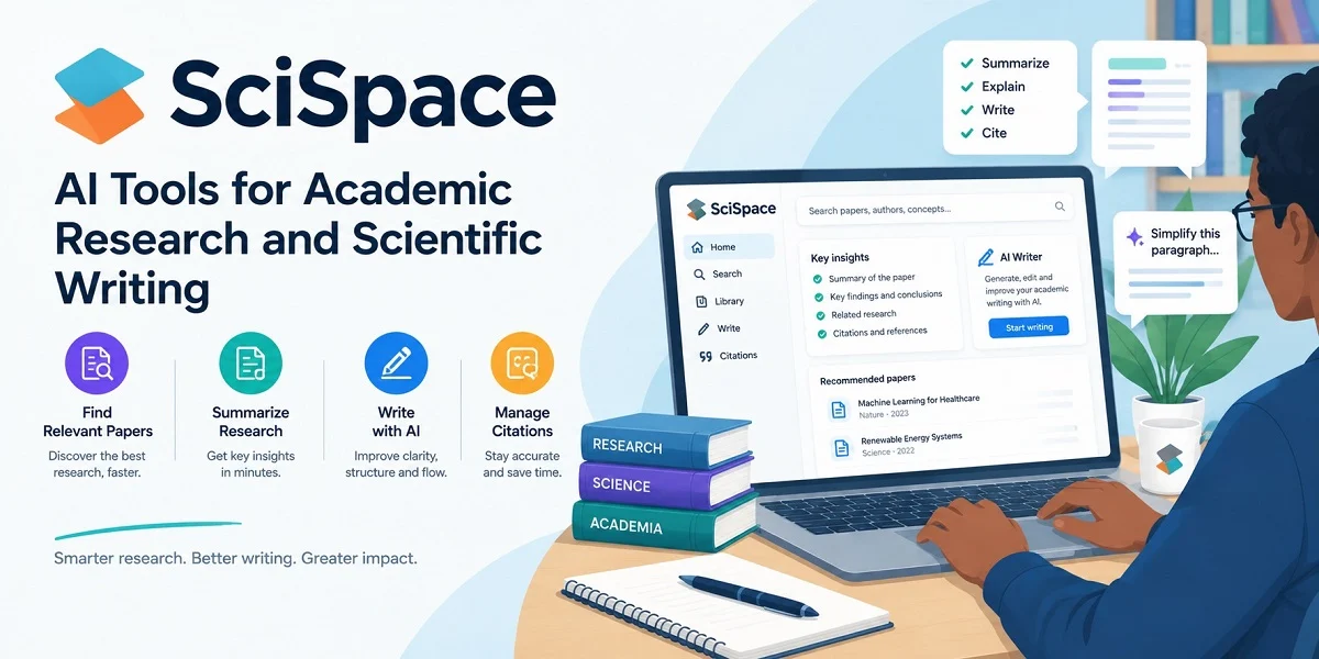 SciSpace featured image showcasing AI tools for academic research and scientific writing, including research paper discovery, AI-powered summaries, writing assistance, and citation management.