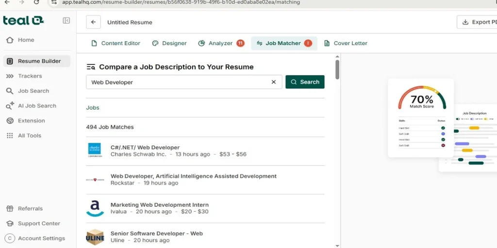 Resume editor, design, analysis, matching, and cover-letter options