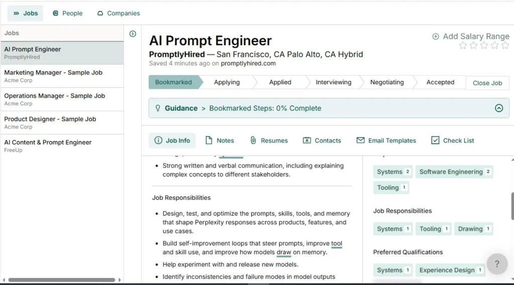 Job tracker showed stages, notes, contacts, and checklists