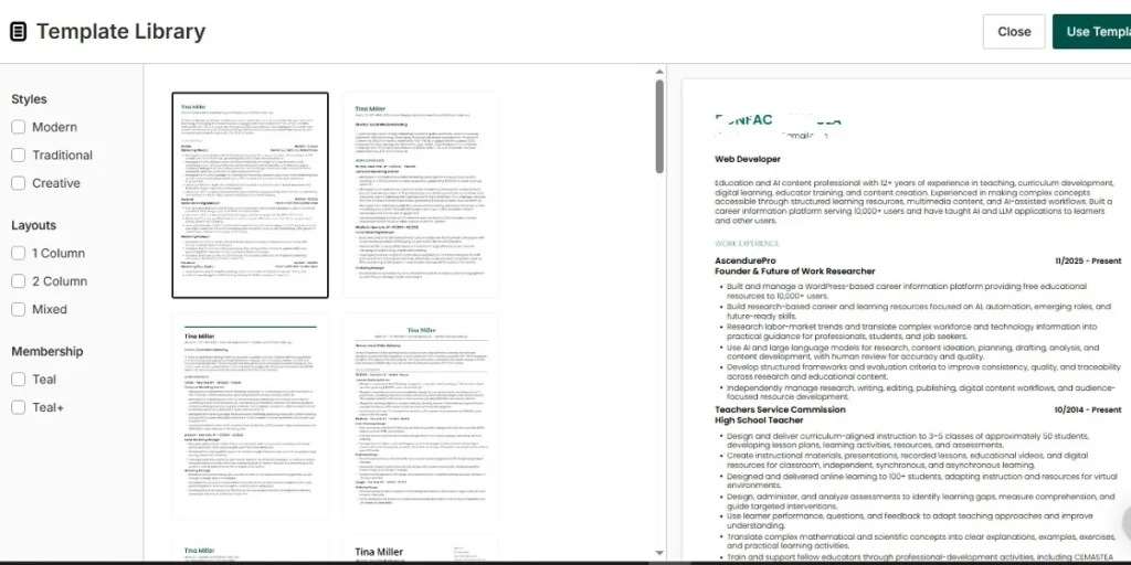 Free resume templates and available layout controls in Teal